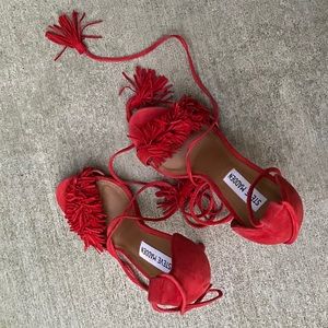 Steve Madden strappy red pom heels tie up